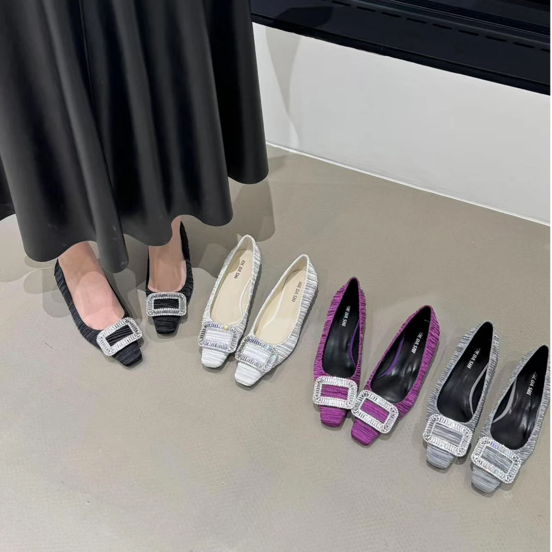 法式气质欧美风浅口方扣水钻单鞋2025早春新款爆款高级感平底鞋女