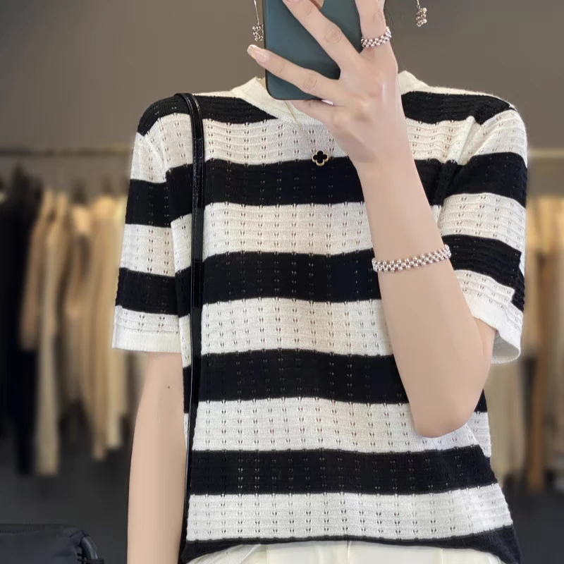 圆领法式镂空精纺羊毛针织短袖女宽松欧版提花半袖上衣条纹T恤衫