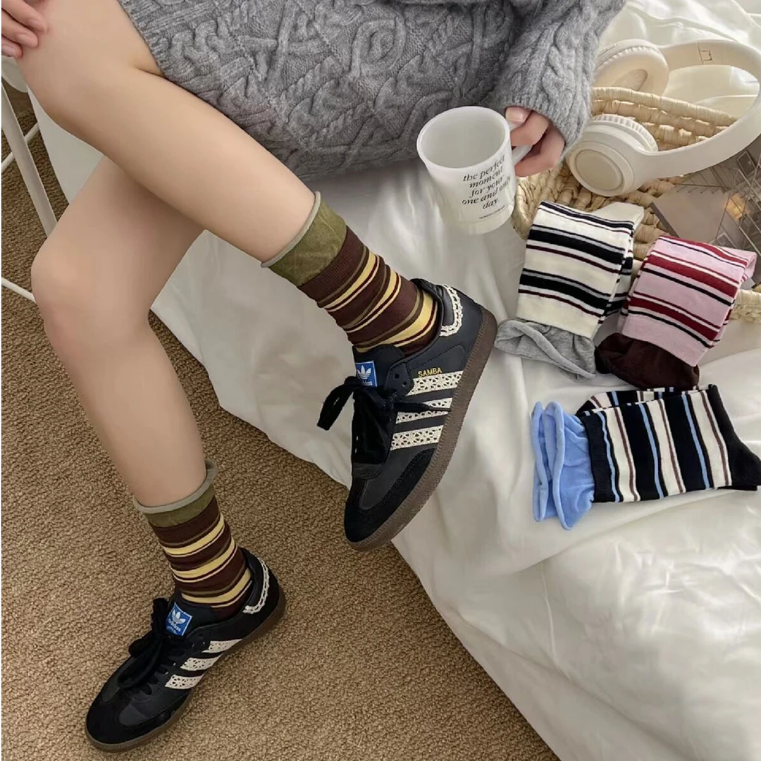 复古咸菜绿宽罗口洋气撞色条纹拼接中筒袜女条纹堆堆袜粉色棉袜