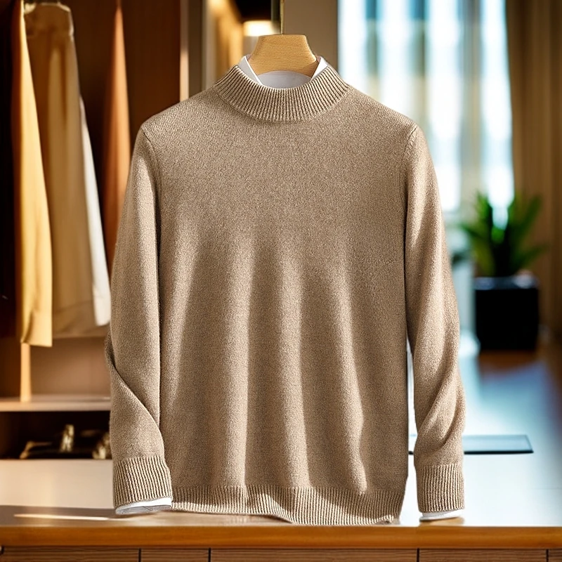 半高领加厚！男士100纯山羊绒衫双股中领长袖打底保暖毛衣