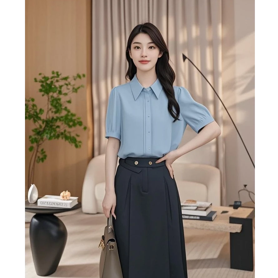 【曼贝】夏季新款时尚短袖浅灰蓝通勤显瘦衬衫女2505232【珮珮】