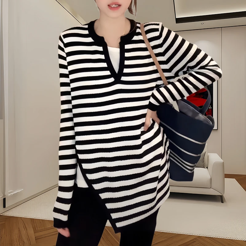 不规则假两件开叉V领针织衫女2025春季拼色条纹中长款洋气衣服女