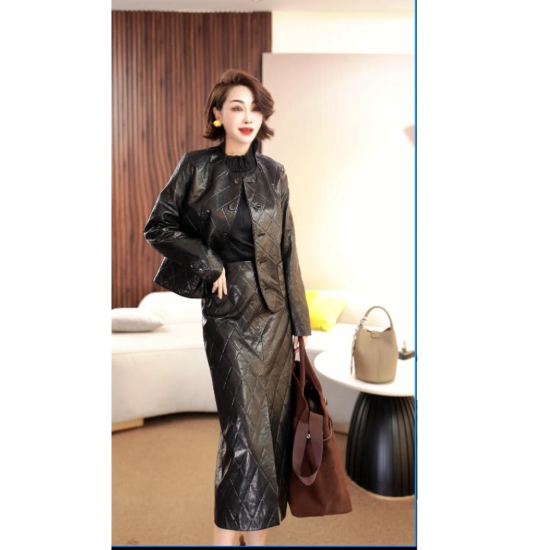 【真皮高定棱形压纹半裙】Q2502款 赫本黑显瘦气质修身半裙