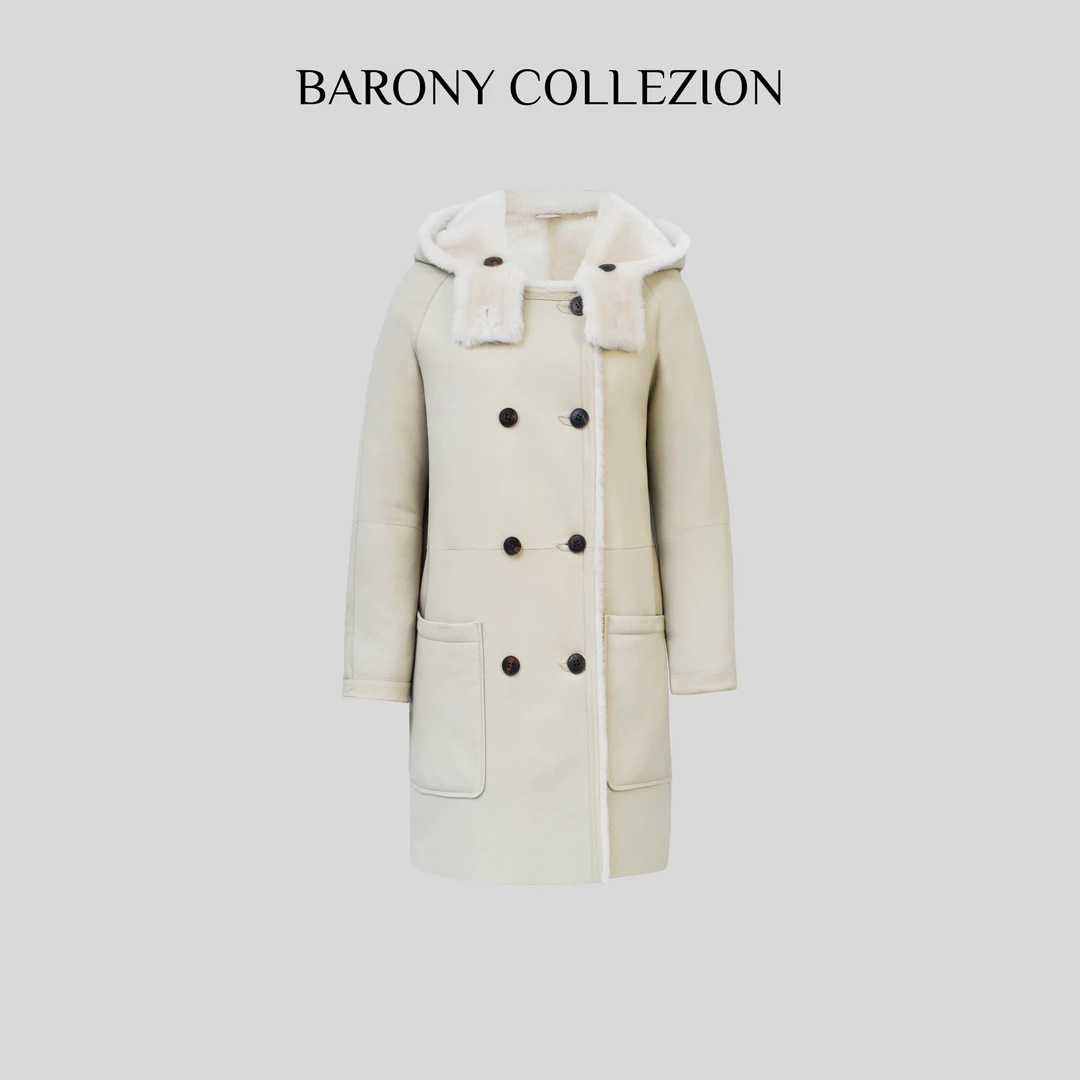 佰力郞BARONY 女士皮草82971简约连帽西班牙进口美利奴真皮毛一体