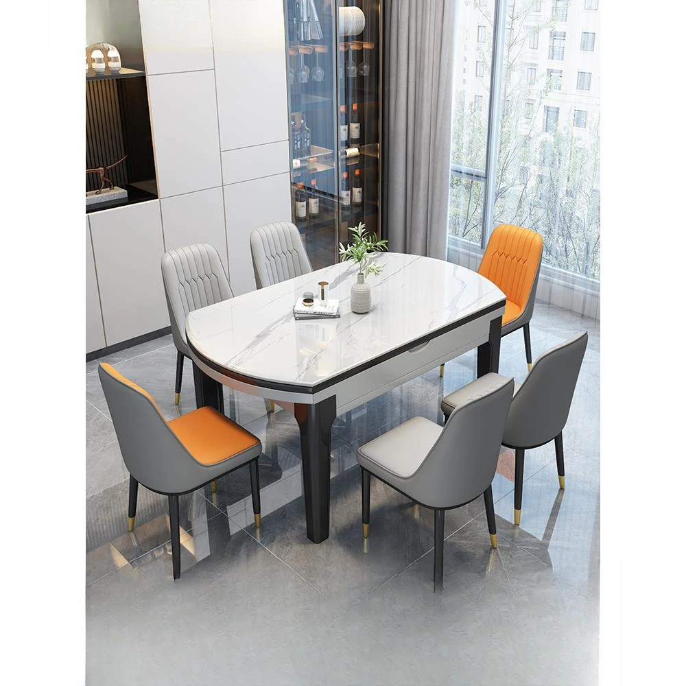 亮光岩板餐桌椅组合伸缩折叠现代简约轻奢家用小户型可变圆桌饭桌