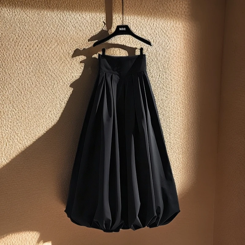 秋季法式超仙高腰垂感显瘦半身裙轻奢高级感小个子百搭黑色花苞裙