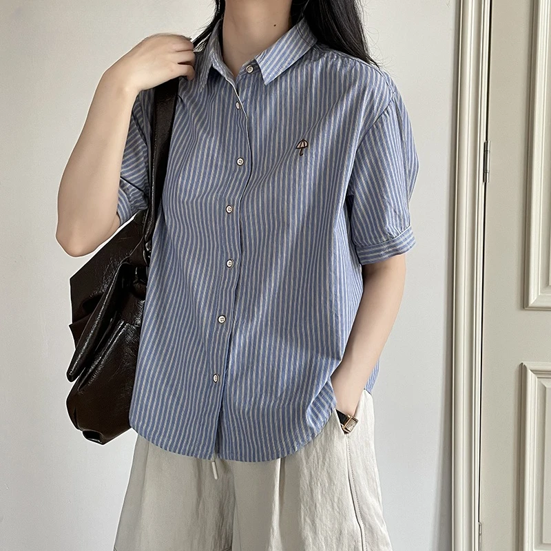 百搭时尚条纹短袖衬衫女2025夏季新款小个子法式复古宽松贵系上衣
