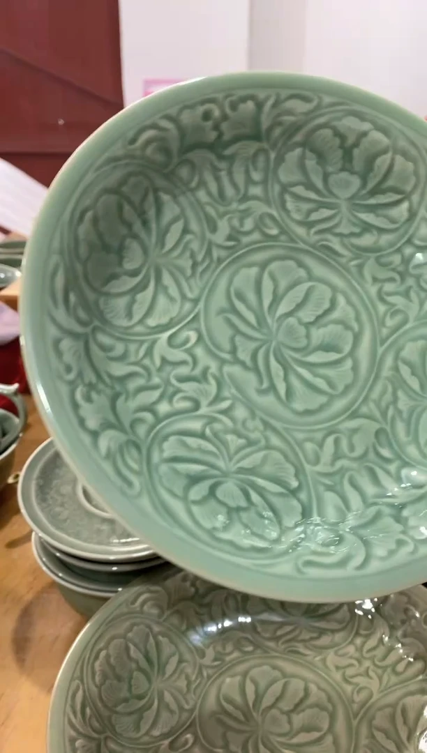 耀州窑瑕疵处理208号7.5英寸青釉牡丹盘 一个