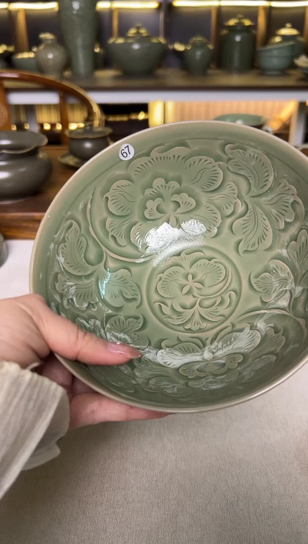 陶瓷纯手工内外双刻牡丹玉兰碗瑕疵特价特价67号