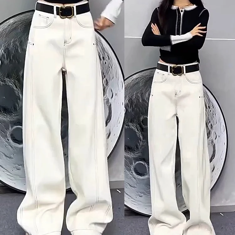 2025年秋冬新款弯刀裤女浅色牛仔裤慵懒风宽松窄版大码牛仔裤女