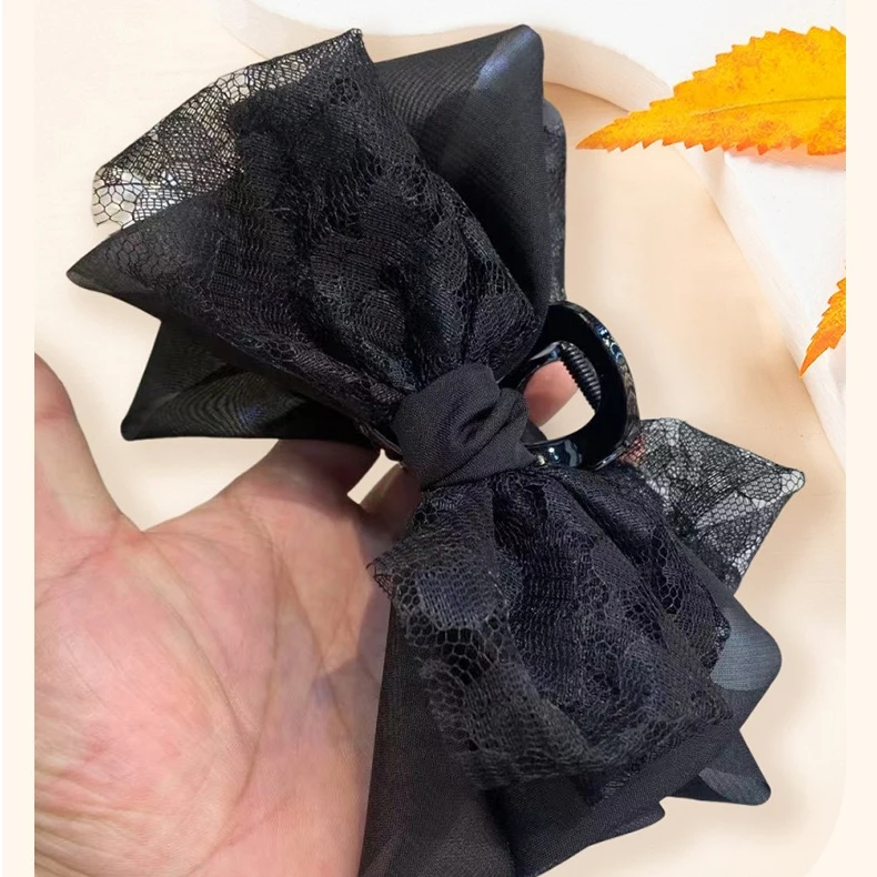 【127】黑色款韩式大号蕾丝雪纺蝴蝶结抓夹