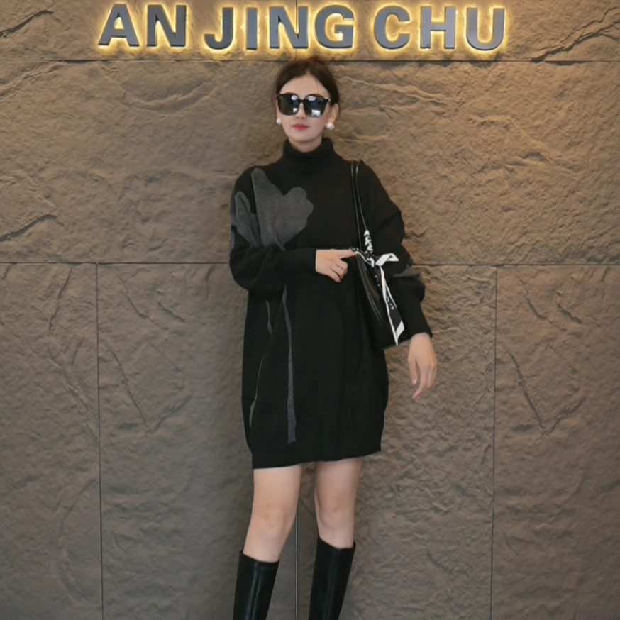 36  AN JING CHU 秋冬季提花气质复古中长款宽松显瘦针织连衣裙