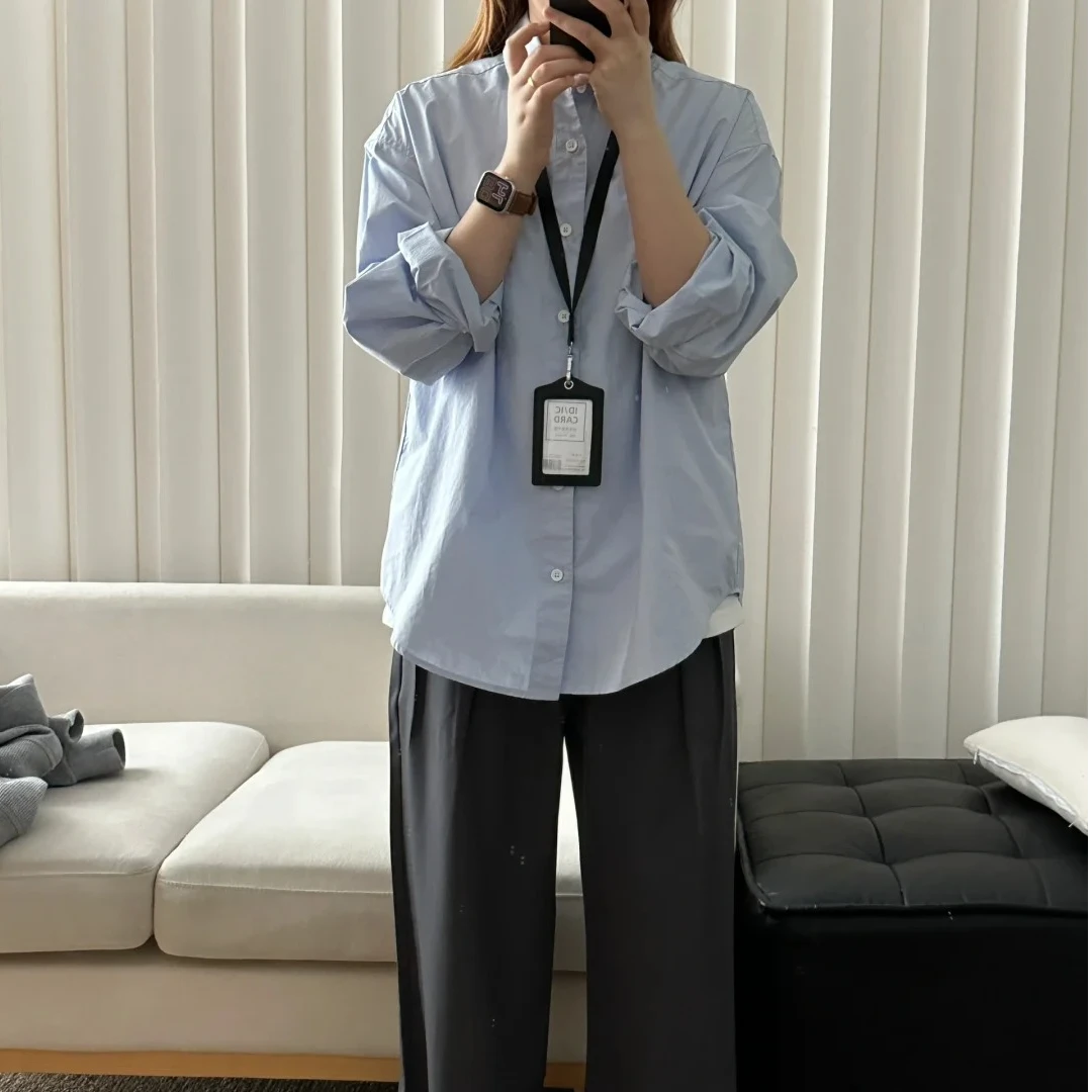 纯棉春秋纯蓝色商务风衬衫新款高档男女休闲日常成人长袖高级感