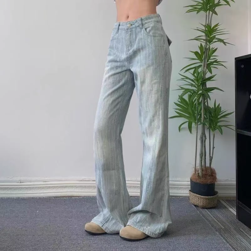 大码浅色提花设计感牛仔裤女夏季胖宽松高腰显瘦马蹄微喇叭裤子