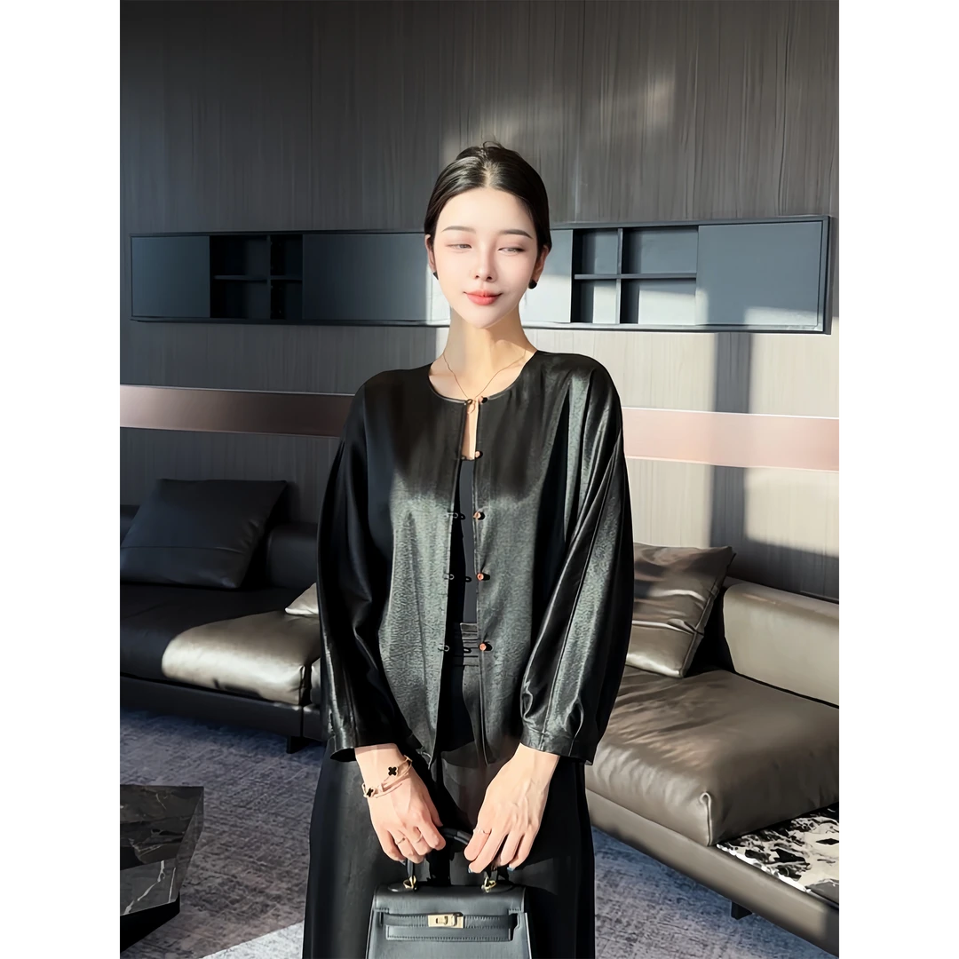 真丝上装女香云纱长袖宽松显瘦100桑蚕丝新中式圆领QSML25E24WT01