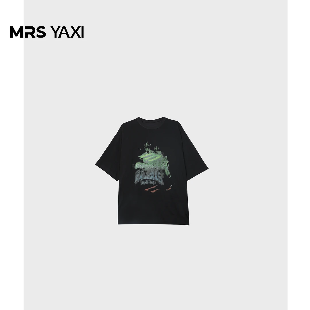 Mrsyaxi复古做旧长绒棉i宽松印花T恤YX5050902