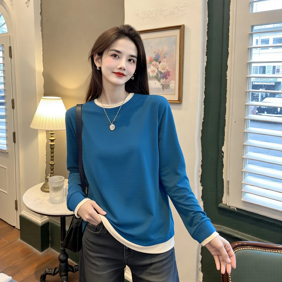 【吸睛法则】撞色设计感正肩纯棉卫衣打底单穿卫衣宽松长袖时尚