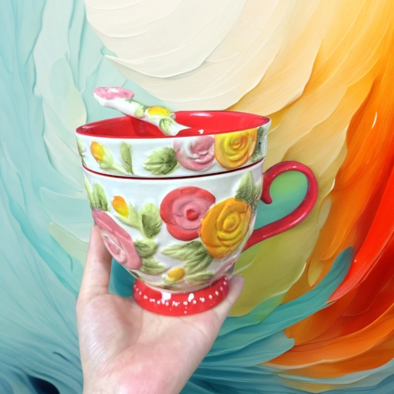 【精选】玫瑰花早餐杯带盖带勺3件套