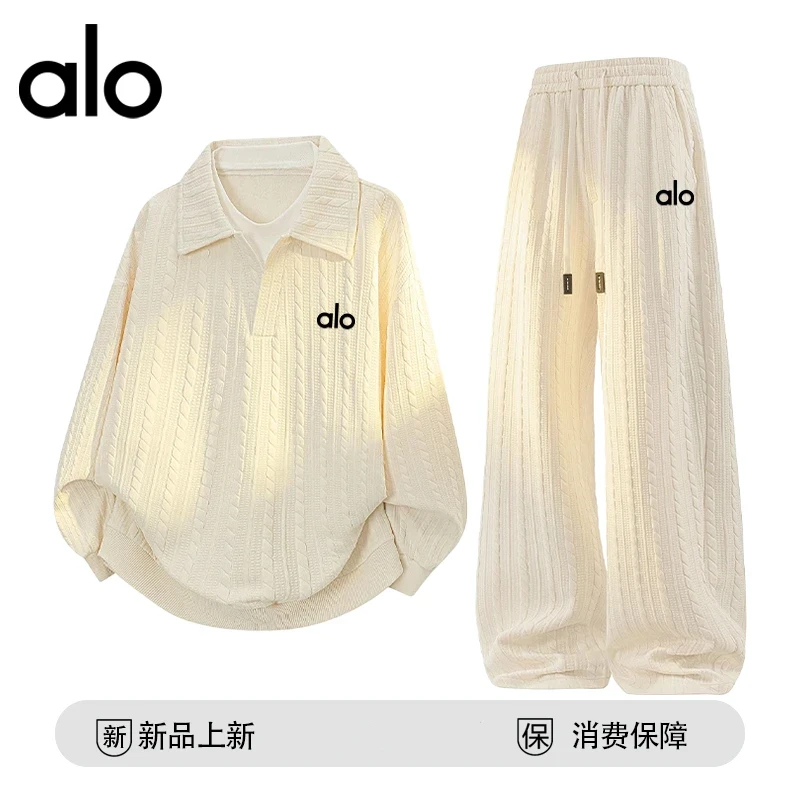 alo奥莱大logo硅胶标秋季大码长袖运动套装男休闲宽松长裤两件套