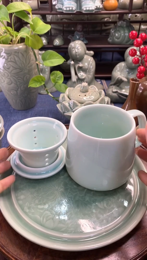耀州窑 微瑕 天青牡丹素面茶漏杯【b000119】1只