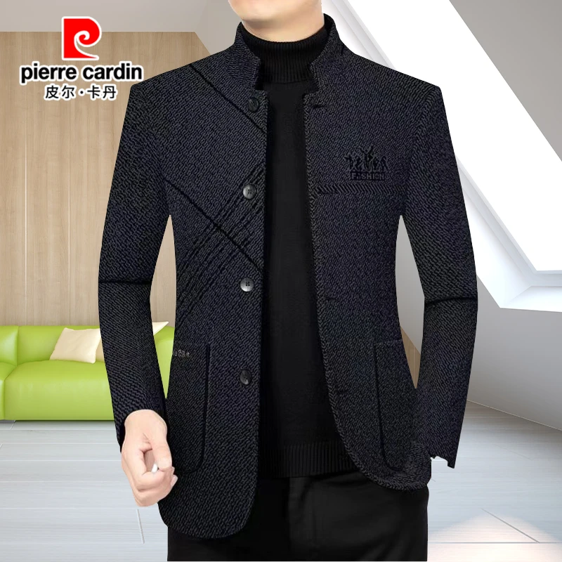 皮尔卡丹秋季高档中年西装夹克商务外套修身立领休闲西服保暖上衣