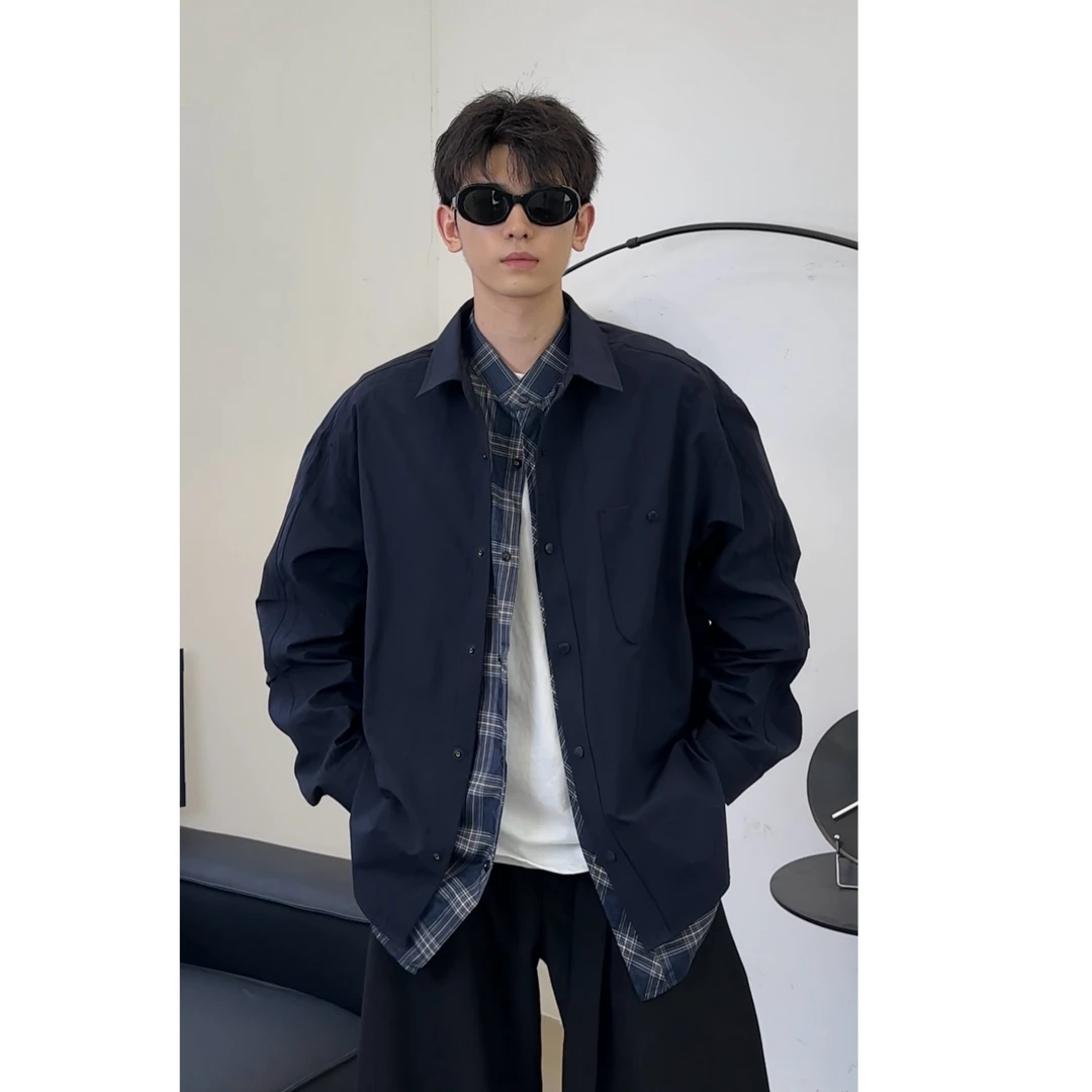 不太董【窑变叙事】假两件男士纯色秋季衬衫宽松型拼色衬衣休闲百搭