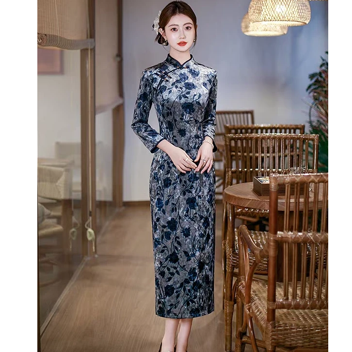 XBNJ-922-Z丝绒蓝色妖姬长款旗袍