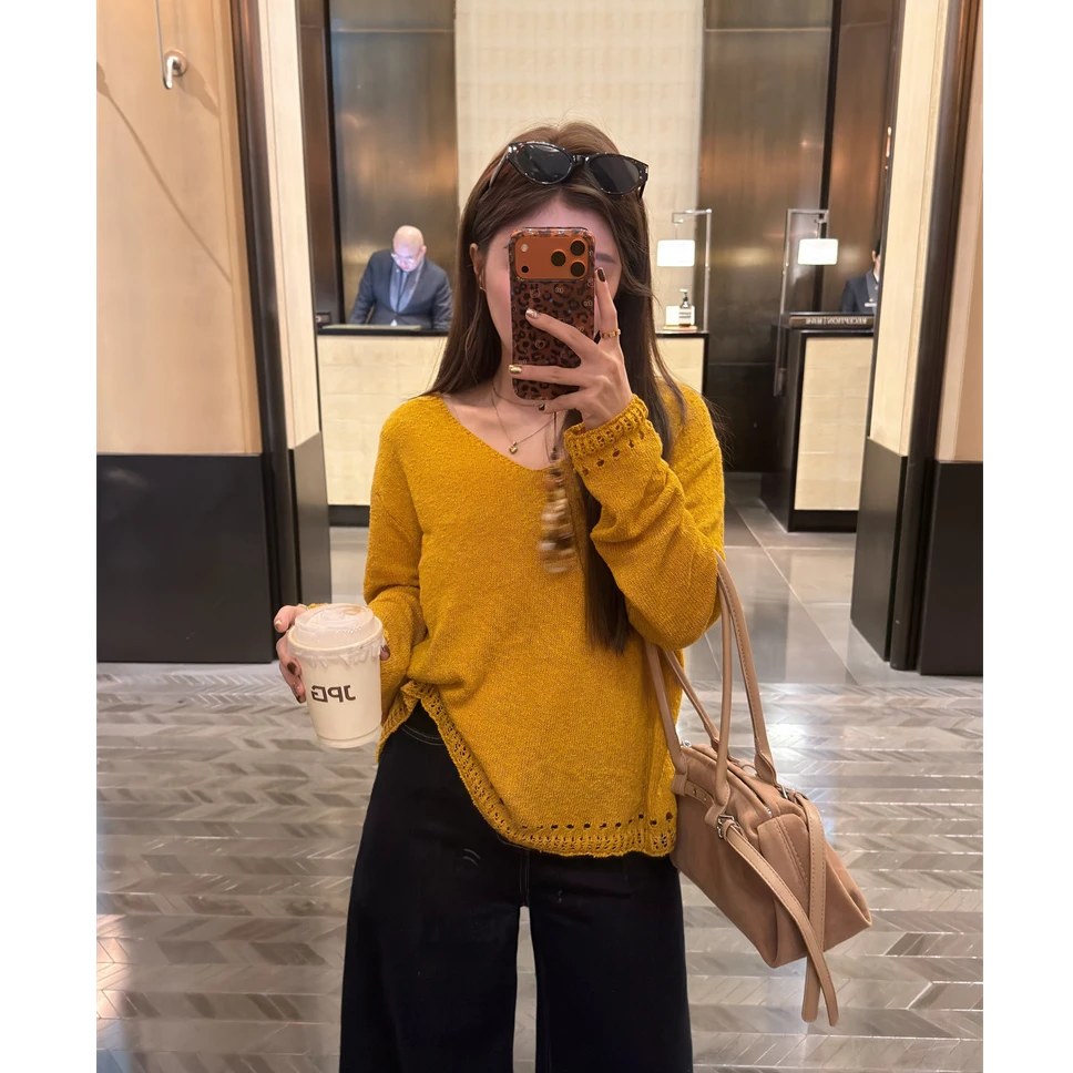 YPP！【秋日暖阳】新款韩系简约镂空设计V领针织毛衣宽松显瘦
