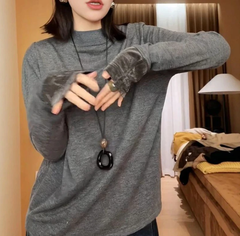 休闲高级感丝绒袖口长袖t恤女秋冬显瘦宽松气质打底衫上衣