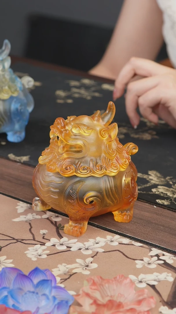 手工艺品琉璃黄色狻猊香炉中号