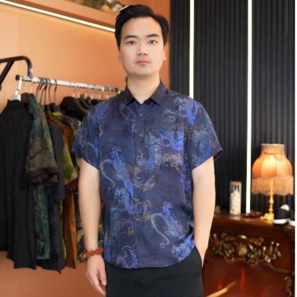 二经花萝香云纱桑蚕丝男士奢品级新中式短袖衬衫国风男装
