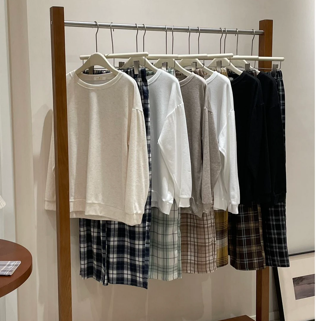 睡衣女家居服春季新款长袖格子圆领套装家居服可外穿女美式慵懒风