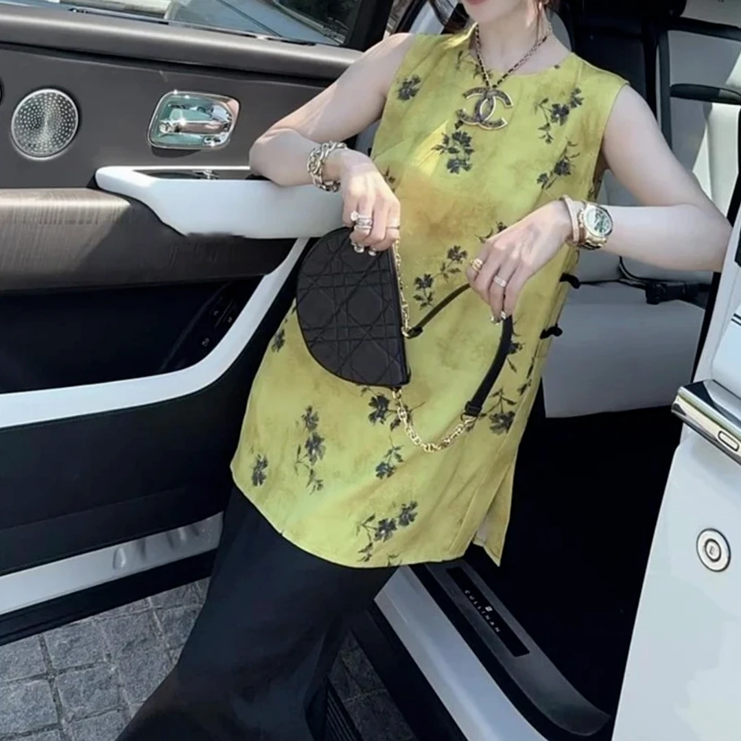 MYYS【黄底墨花】新中式国风高级时尚旗袍盘扣无袖背心女974-裙长74