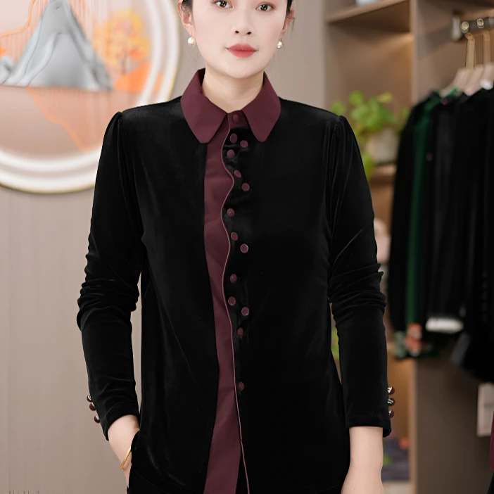 妈妈春秋翻领丝绒小衫短款中老年女装秋季洋气显瘦斜襟开衫上衣