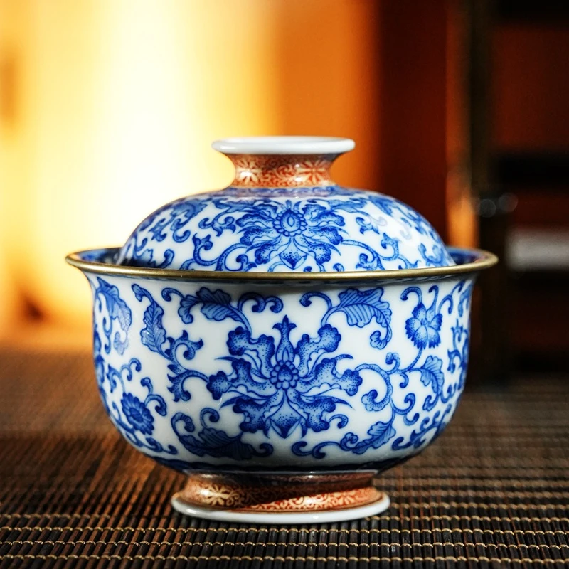 【小乔赏瓷】s景德镇手工手绘青花加彩缠枝盖碗stf60.