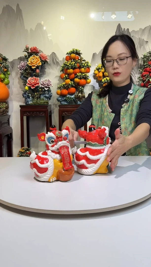 陶瓷醒狮一对石湾陶