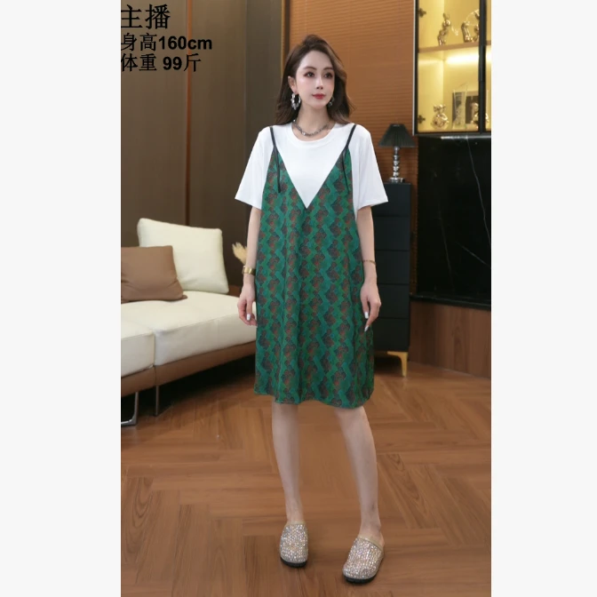 【鑫蕾】假两件夏季短袖气质显瘦T恤拼接印花连衣裙28921