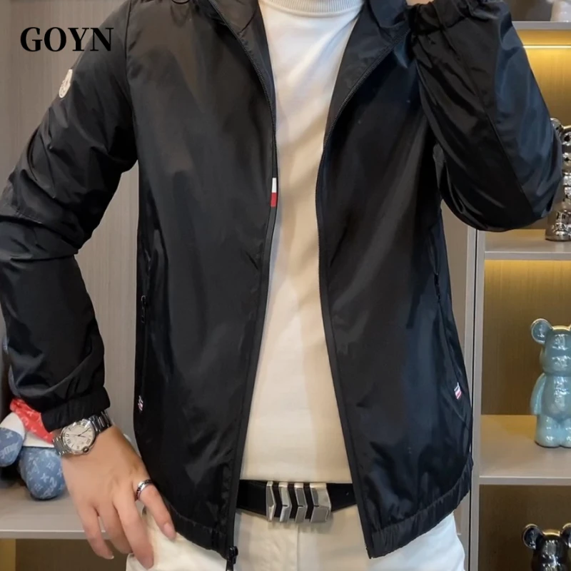 GOYN秋季轻奢简约风男士纯色薄款连帽百搭男款休闲风时尚夹克外套