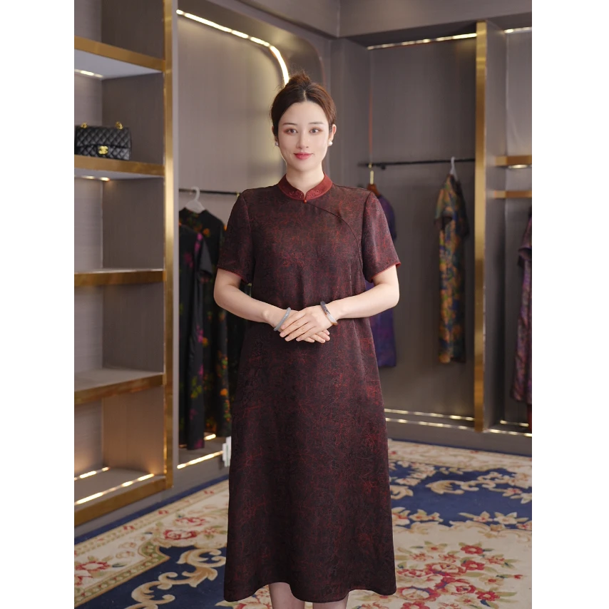 [丹砂红韵]花萝琉璃扣气质妈妈装显瘦云纱中国风连衣裙夏季LY043