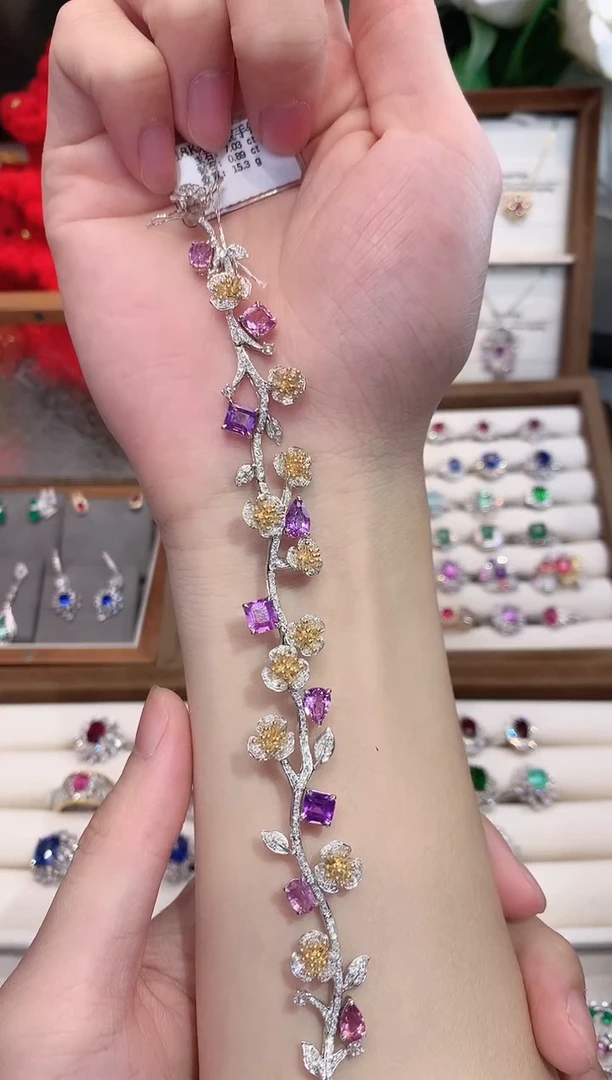 手链彩色蓝宝石18K金镶嵌7.03ct/天然宝石/七天无理由