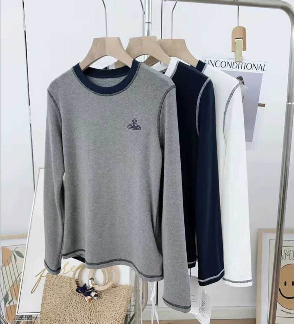 复古港风休闲撞色刺绣打底衫