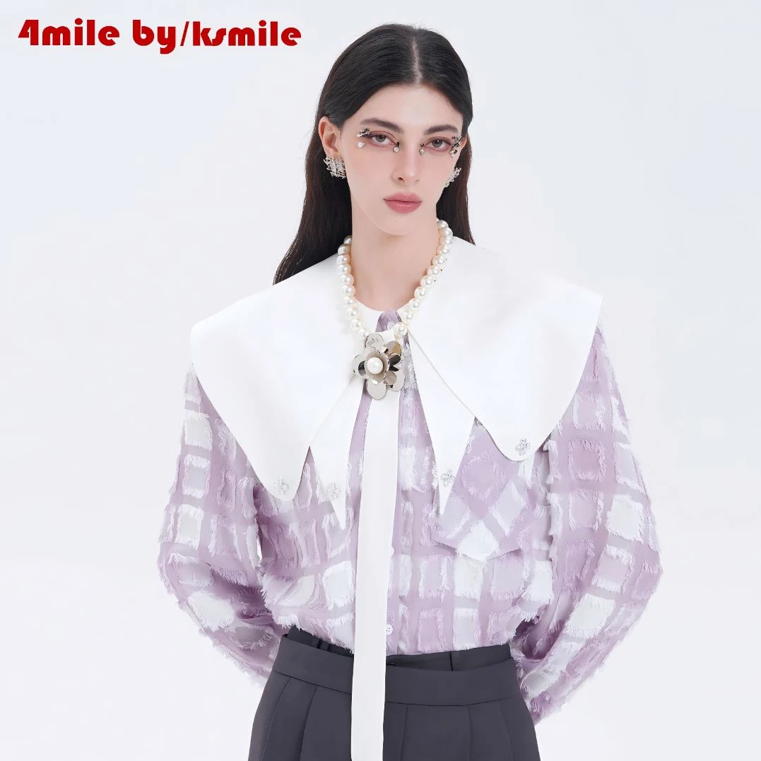4MILE BY KSMILE | 定格春悸格纹海军领珠珠领带衬衫设计感上衣