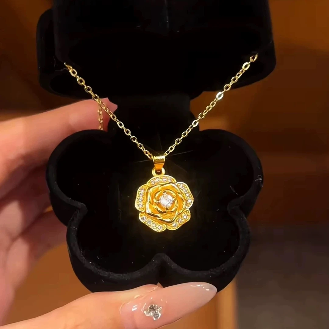项链 【精工版】奥黛丽玫瑰花坠链高级复古富贵花项链X-127