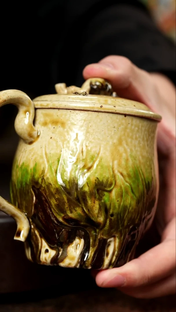 宜兴紫砂金丝楠木柴烧树叶盖杯