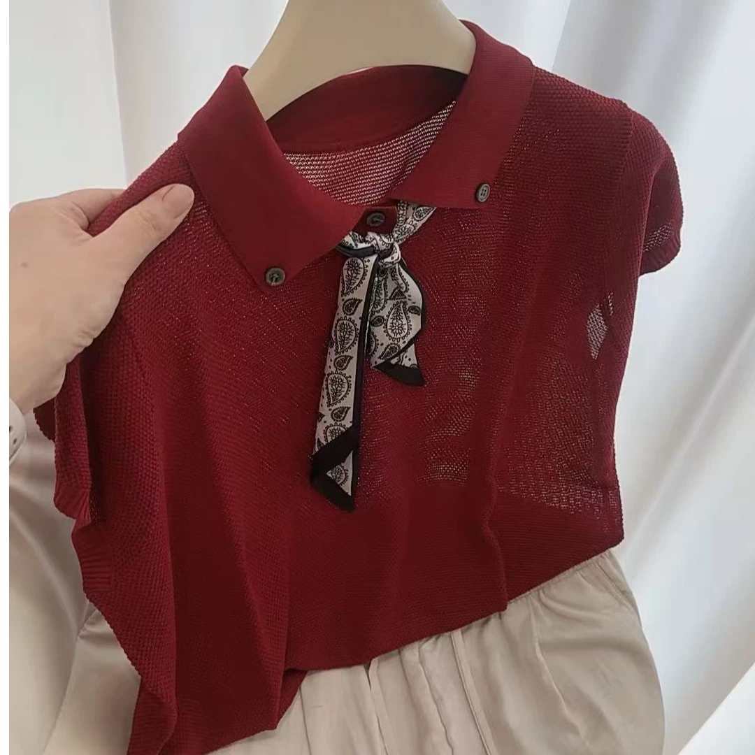 丽丽家~丝巾红飞袖时尚百搭镂空翻领上衣313