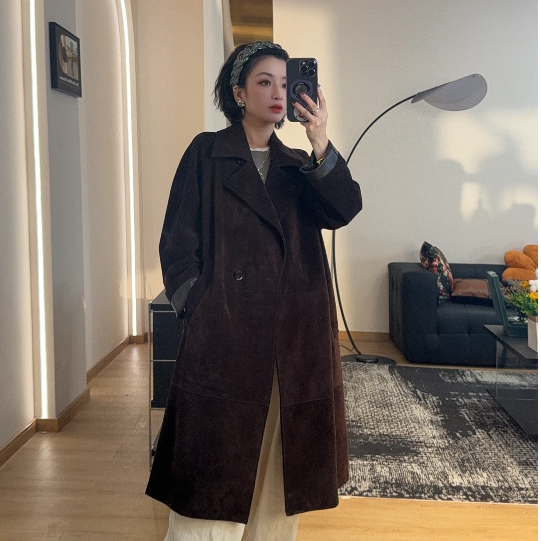 QISHI 进口胎羊皮牛皮长款风衣外套秋冬设计师气质老钱风羽绒脱卸