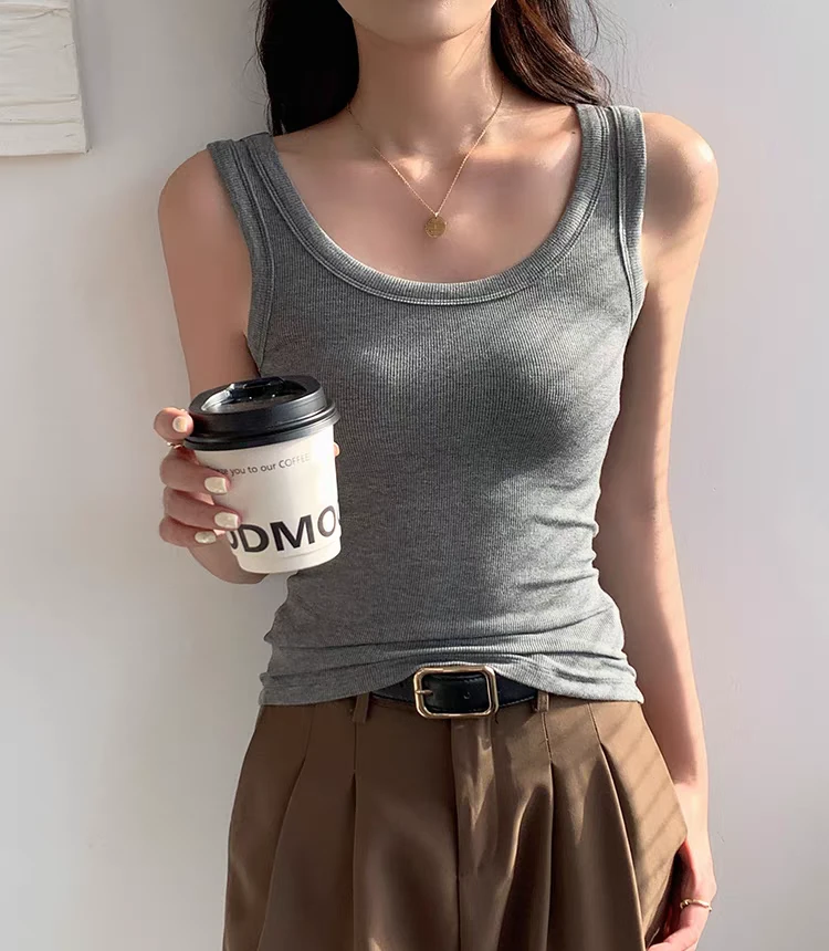 女士灰色螺纹弹力背心