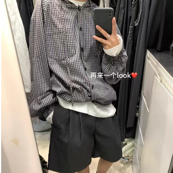Jian she韩系连帽格子开衫衬衣