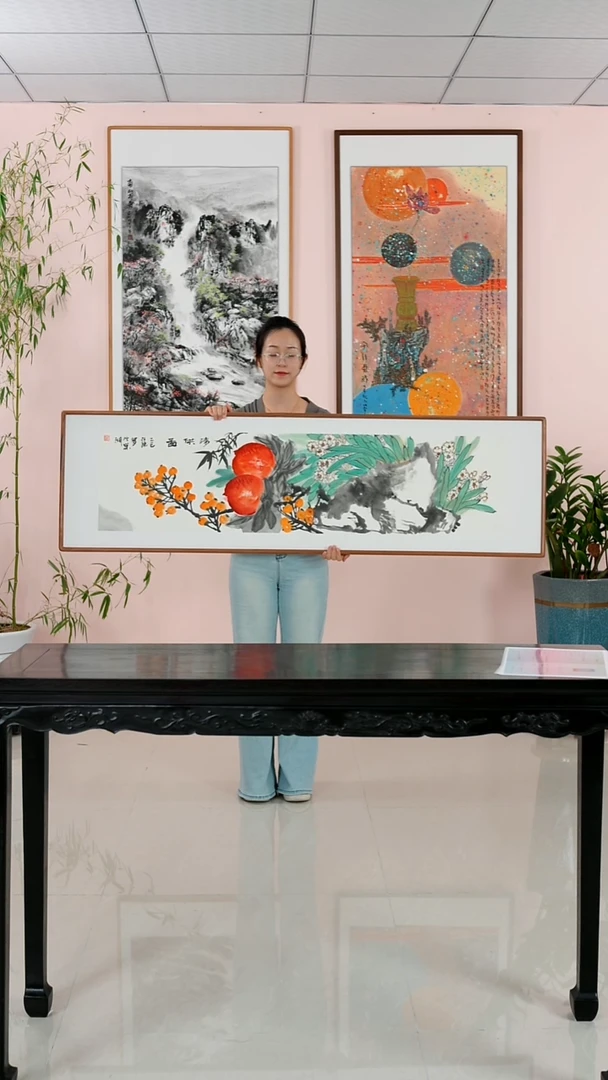 国画汪琼《清供图》手绘带框162*47厘米
