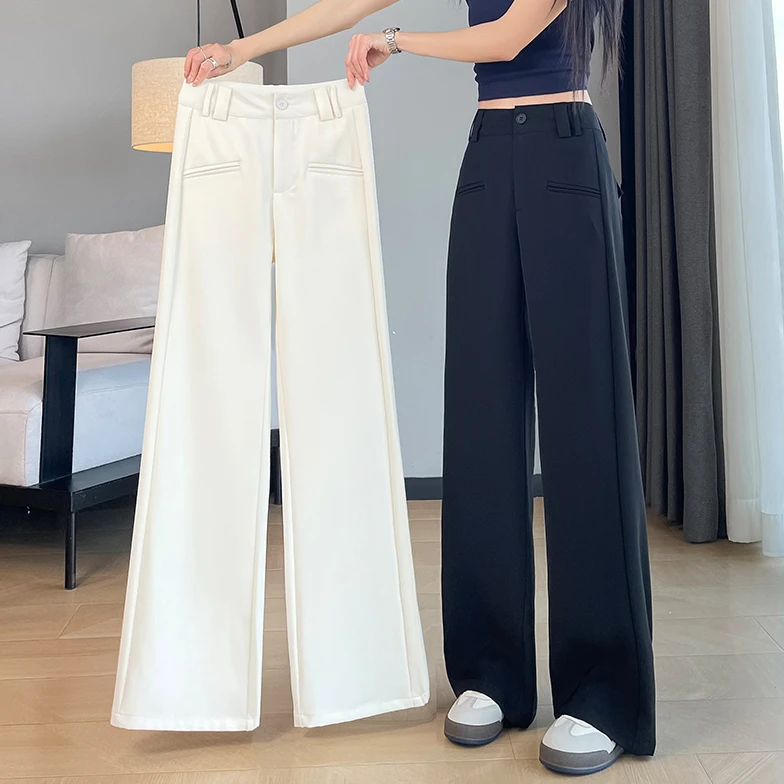 白色西装裤女裤子春夏薄2025新款高级感垂感阔腿直筒拖地窄版长裤